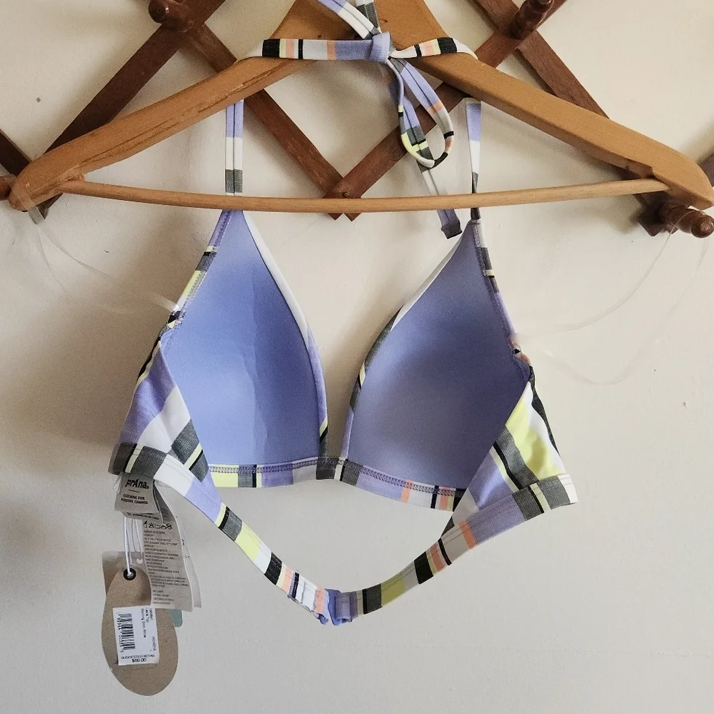 NWT Prana Lexie Triangle Bikini Top Adjustable Purple Stripe Small S Upf 50
